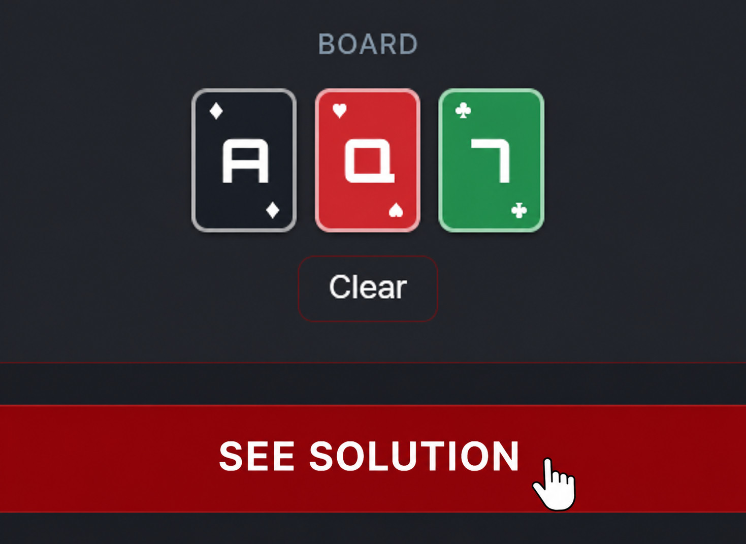 The board picker with A of diamonds, Q of hearts, 7 of clubs selected and the SEE SOLUTION button
